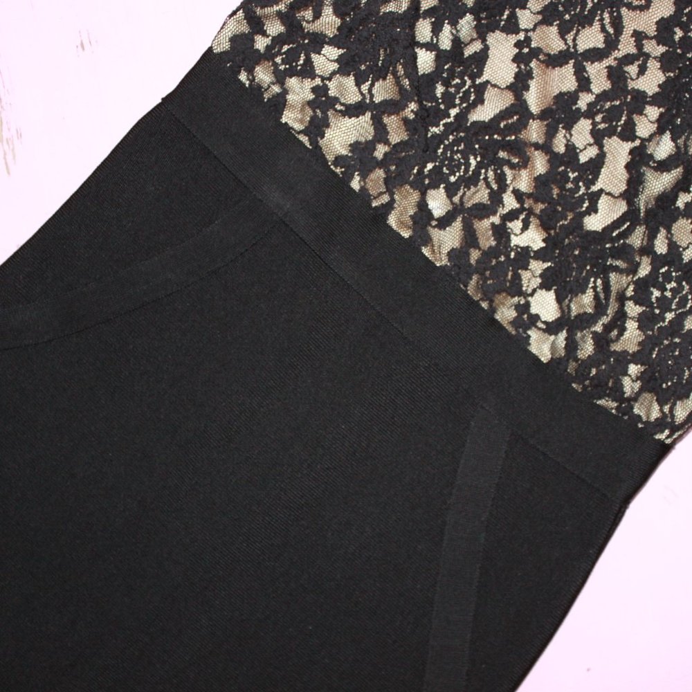 BEBE Black Lace Hi Neck Bandage Bodycon Mini Dress - Picture 4 of 7